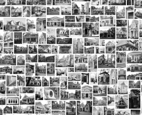 Black and white photos of traditional homes.