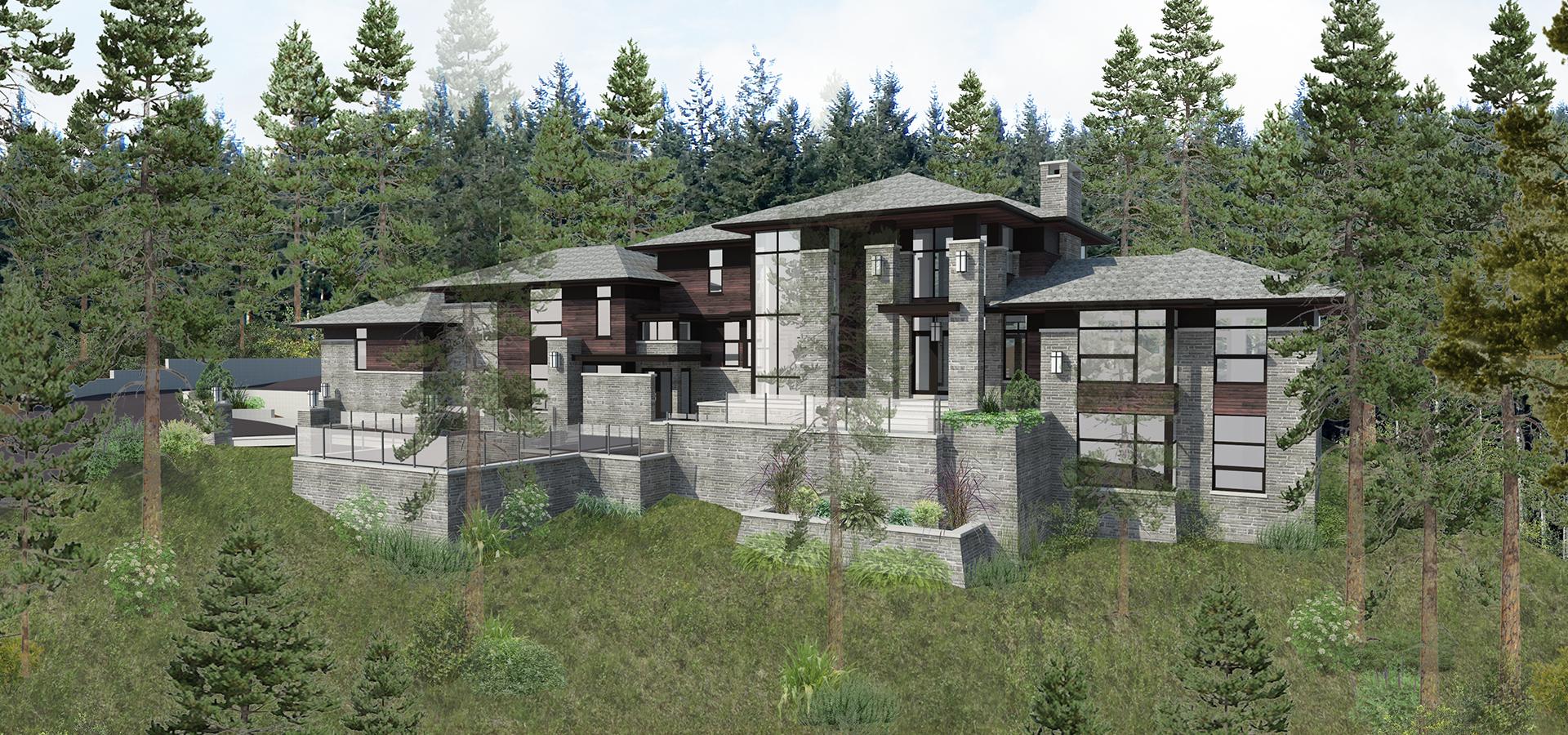 3d rendering of home with wood siding, stone retaining wall and wall sconce.
