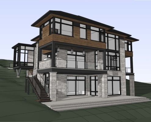 Modern home with basement walkout, wood siding and black frame window.