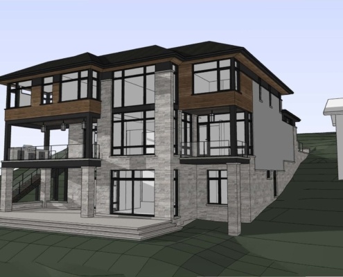 US house design with stone column, floor to ceiling window and covered deck.