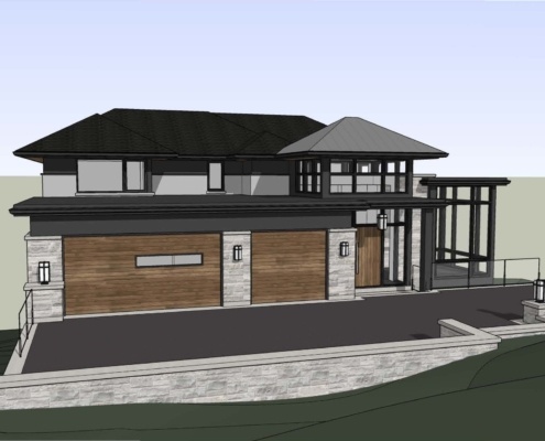 Seattle rendering with flat roof,  natural stone and wood garage door.