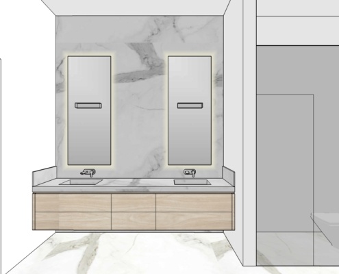 3d rendering of modern bathroom with marble floor and floating vanity.