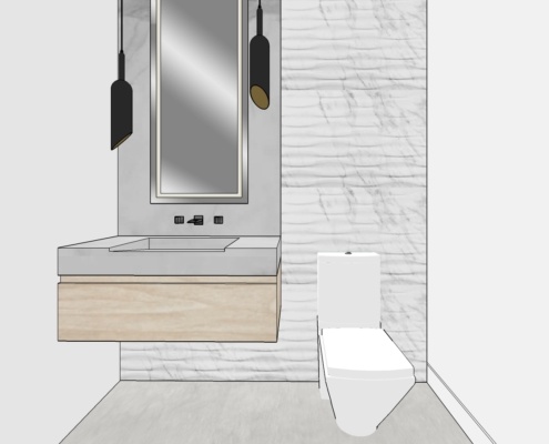 Powder room rendering with floating vanity, pendant light and stone wall.