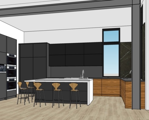 Interior design rendering with steel columns, hard wood floor and breakfast bar.