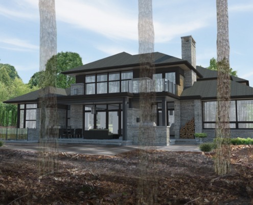 Ohio house rendering with natural stone, floor to ceiling windows and stone chimney.