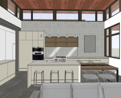 Modern kitchen rendering with beige cabinetry, concrete backsplash and white tile.