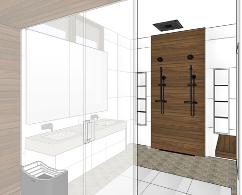 Bathroom design with double shower and sauna.