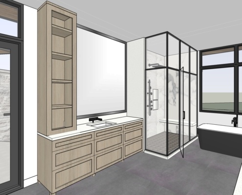 Ensuite bathroom 3d rendering with built in vanity, large mirror and freestanding tub.