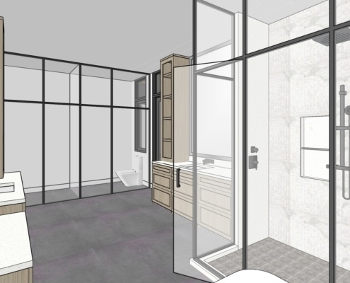 Large bathroom with double vanity, walk in shower and grey tile.