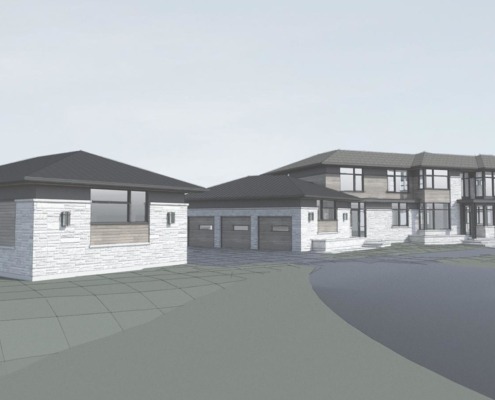 US home rendering with wood garage door, natural stone siding and detached garage.