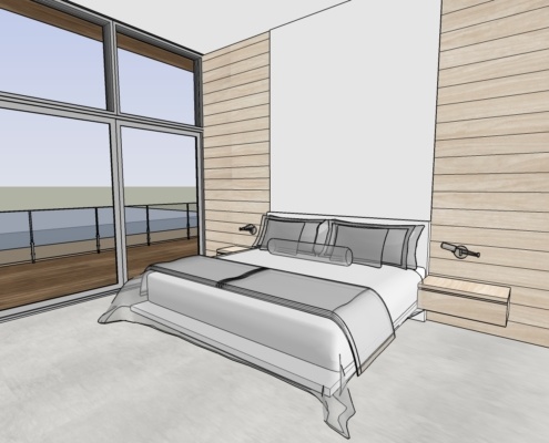 Rendering of guest bedroom with floor to ceiling window, wood wall, and sconce.