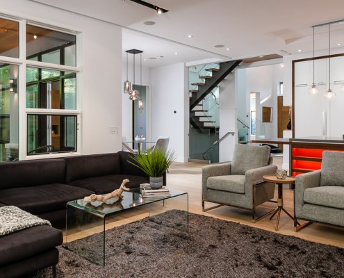 Family room with shag carpet, brown couch and white frame windows.