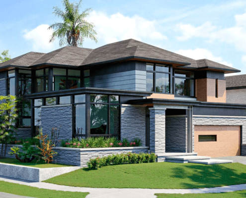 Modern California home with natural stone, corner windows and black trim.