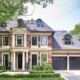 Traditional house with arched windows, brick and black frame windows.