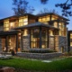 Exterior of modern house with horizontal stone, metal cladding and black trim.