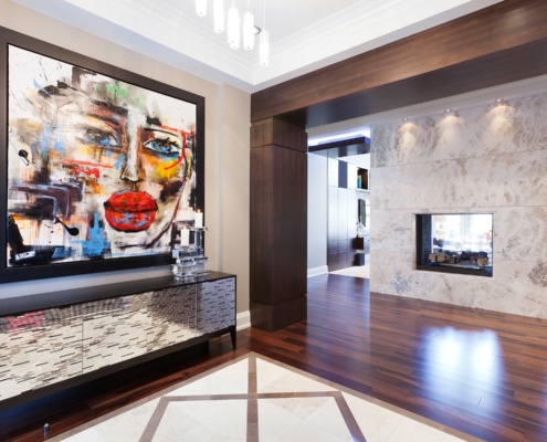 House front entry with tile floor, white frame windows and wood vanity.