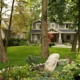 Mississauga renovation with green siding, stone siding and white trim.