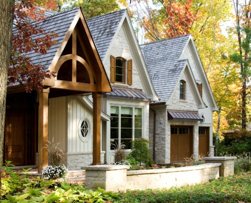 Custom home with wood trim and wood columns.