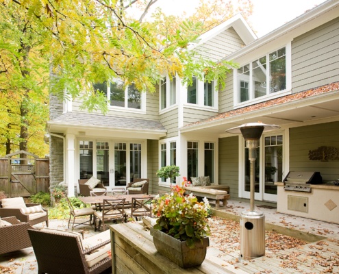 Custom home exterior with wood siding.