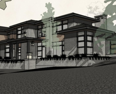Michigan home design with corner windows, wood siding and stone planters.