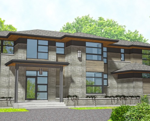 New York house design with natural stone, floating roof and metal cladding.