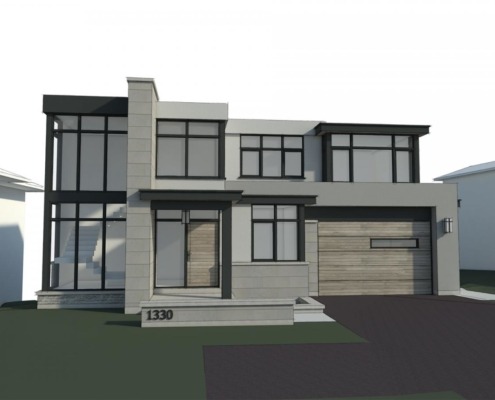 Michigan house rendering with black stucco, floor to ceiling windows and wood front door.