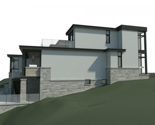3d rendering of home with stucco siding, black frame windows and stone column.