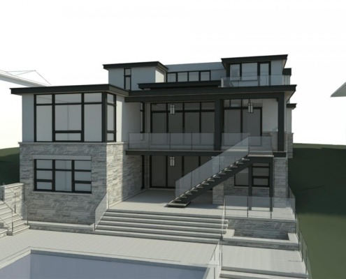 Rear home elevation rendering with second floor balcony, stone siding and white stucco.