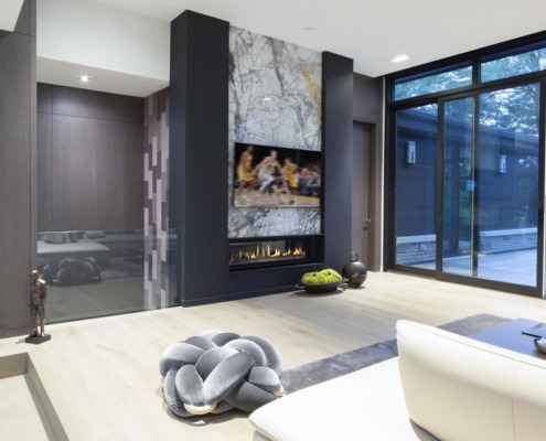 Living room with marble fireplace, wood wall and black frame windows.