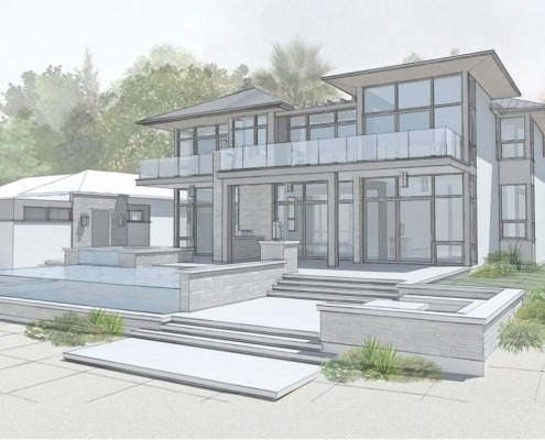 Modern beach house with steel columns, second floor balcony and floating roof.