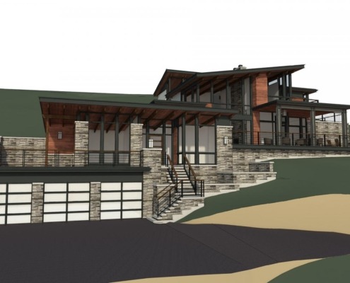Colorado home rendering with natural stone, wood soffit and steel column.