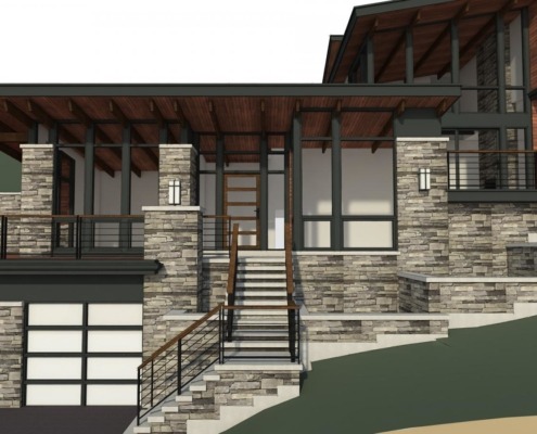 Modern design rendering with stone columns, wood soffit and floor to ceiling windows.