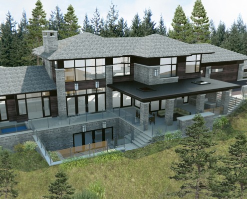 Colorado house rendering with stone pillars, wood siding and black frame windows.