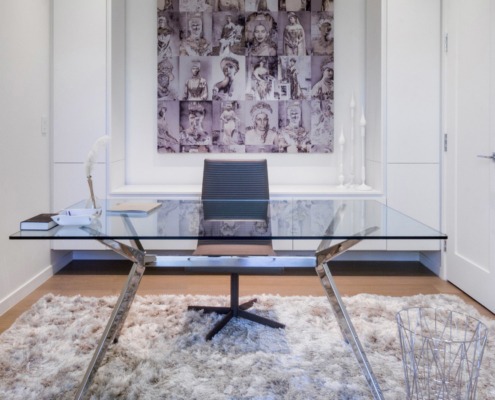 Modern home office with shag carpet, hardwood floor and glass deck.