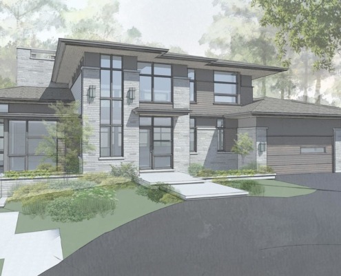 Natural modern design rendering with wood siding, metal cladding and corner windows.