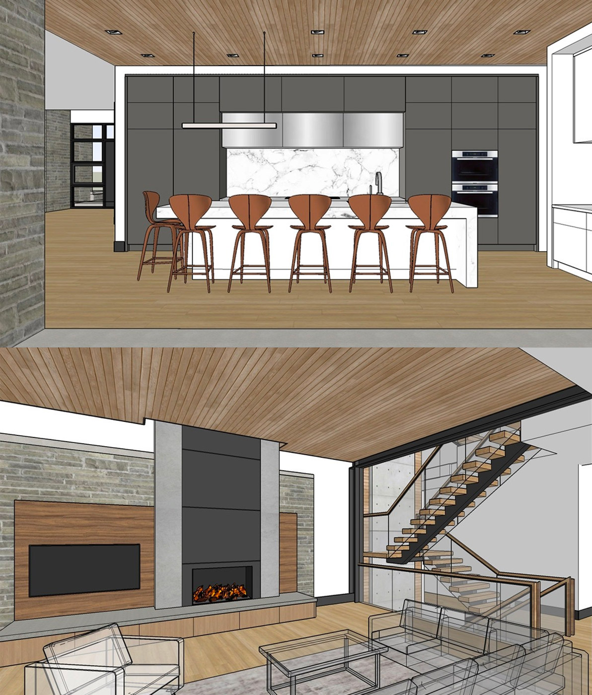 3d rendering of kitchen and family room with stone wall, wood ceiling and hardwood floor.