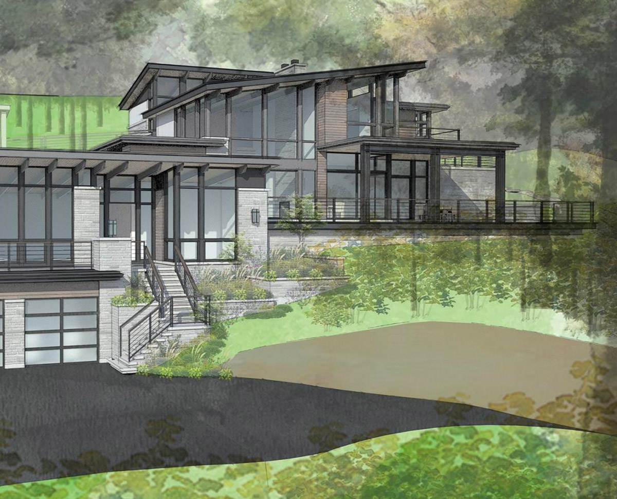Architectural rendering with monoslope and large windows.