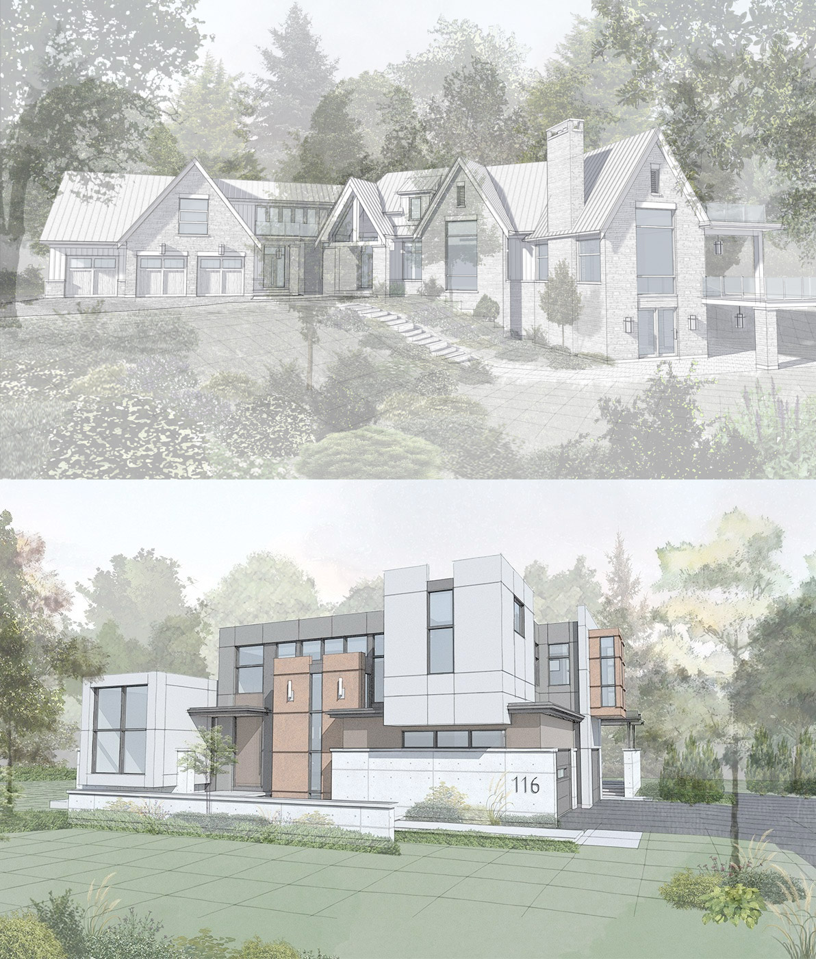 Architectural rendering of custom homes.