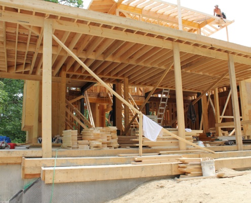 Wood framing for contemporary house.