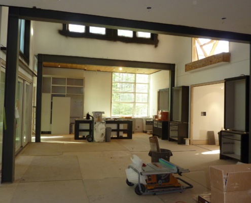 New construction of open concept kitchen and dining room.