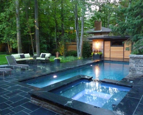 Large backyard with pool, jacuzzi and change room.