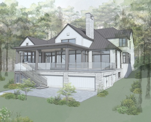 Transitional house design with covered deck, stone chimney and glass railing.