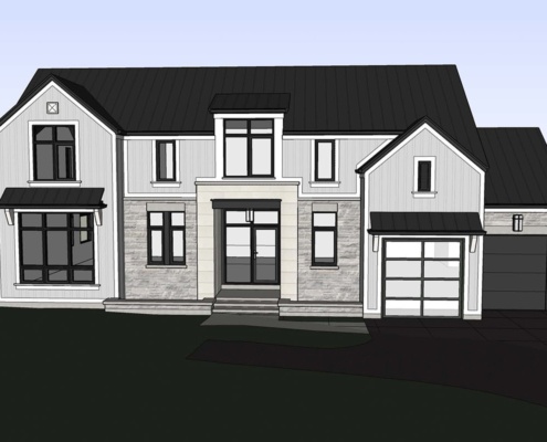 Architectural design rendering with black metal roof and black frame windows.