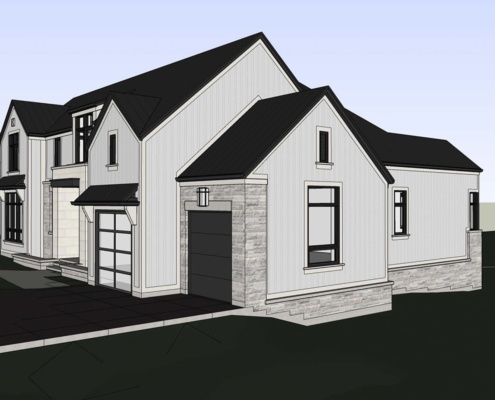 3d home rendering with stone siding and black garage door.
