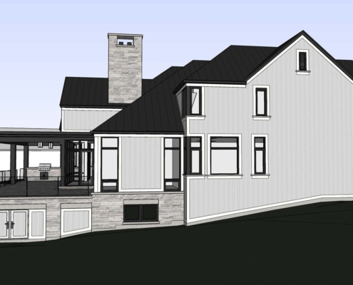 Modern farmhouse design with wood trim, stone trim and black and white colour scheme.