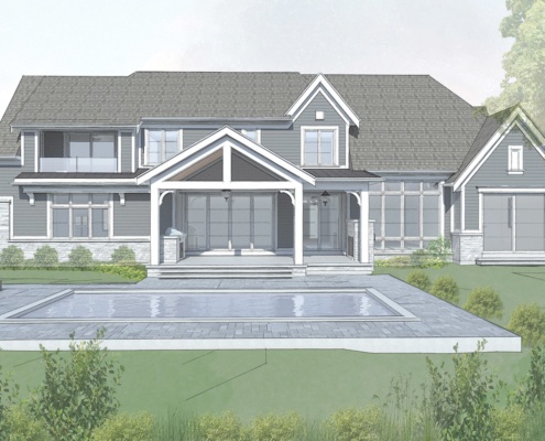 Architectural rendering of home with covered deck, second floor balcony and inground pool.