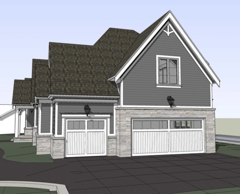 Home with white garage doors, white trim and grey siding.