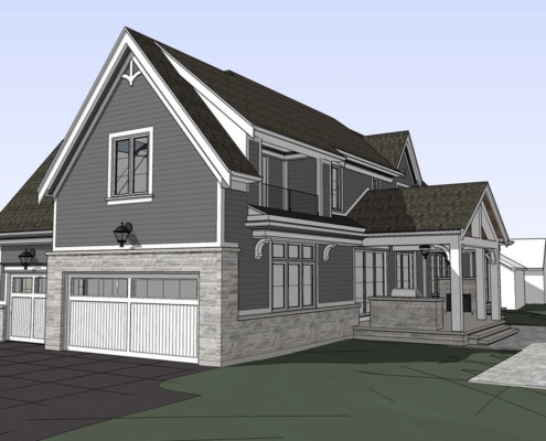 3d home design with grey siding and white trim.