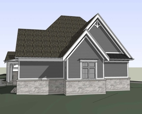 Home with shingled roof, wood siding and stone siding.