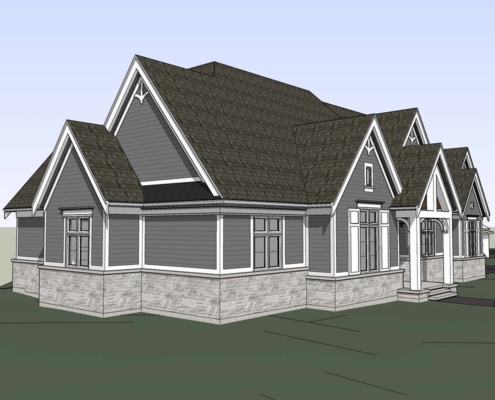 Design rendering of house with gables and big windows.